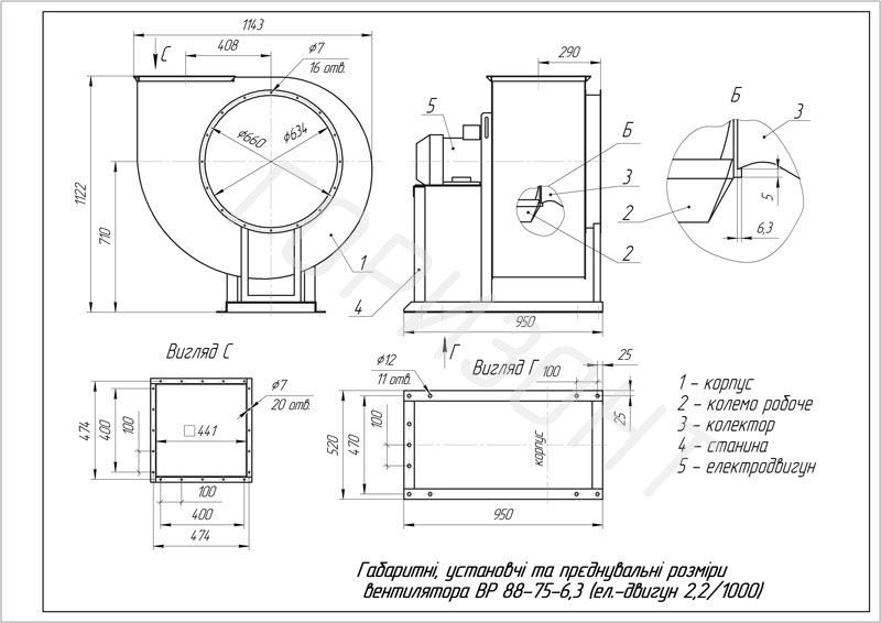 Габаритно-приєднувальні розміри вентилятора ВР 88-75 №6,3
