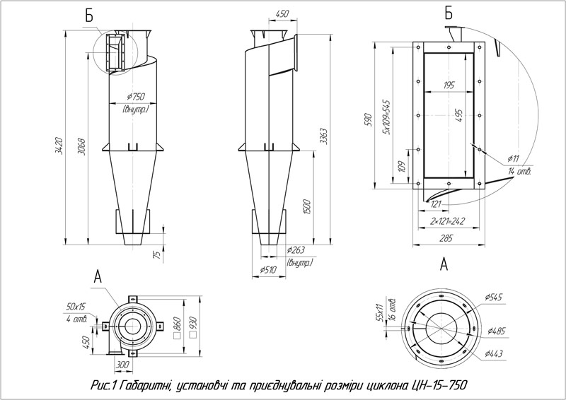 Габаритні розміри циклона ЦН-15-750