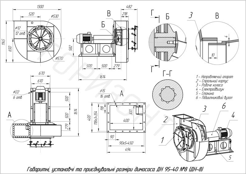 Габаритні розміри димососа ДН-8 95-40