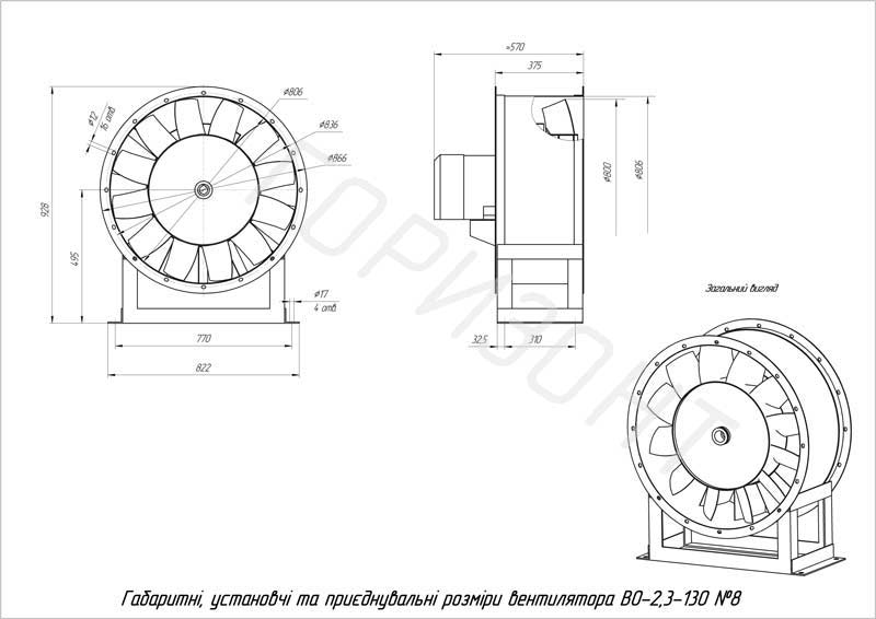 Габаритные характеристики вентилятора ВО-2,3-130 №8
