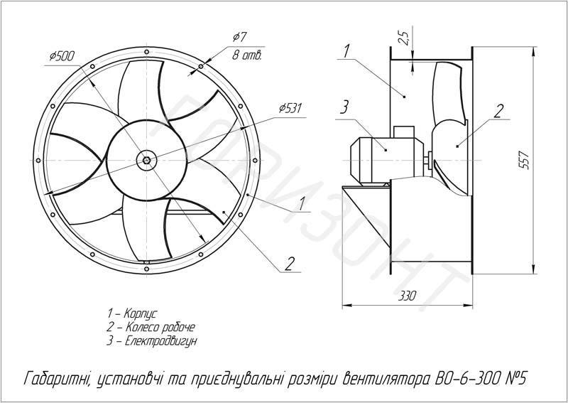 Габаритні розміри вентилятора ВО-6-300 №5 реверсивний