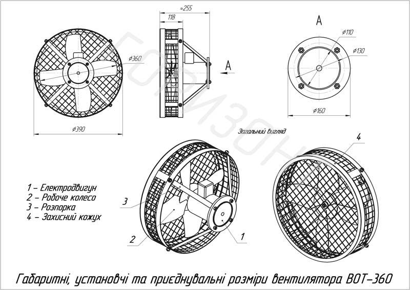 Габаритні розміри вентилятора ВОТ-360